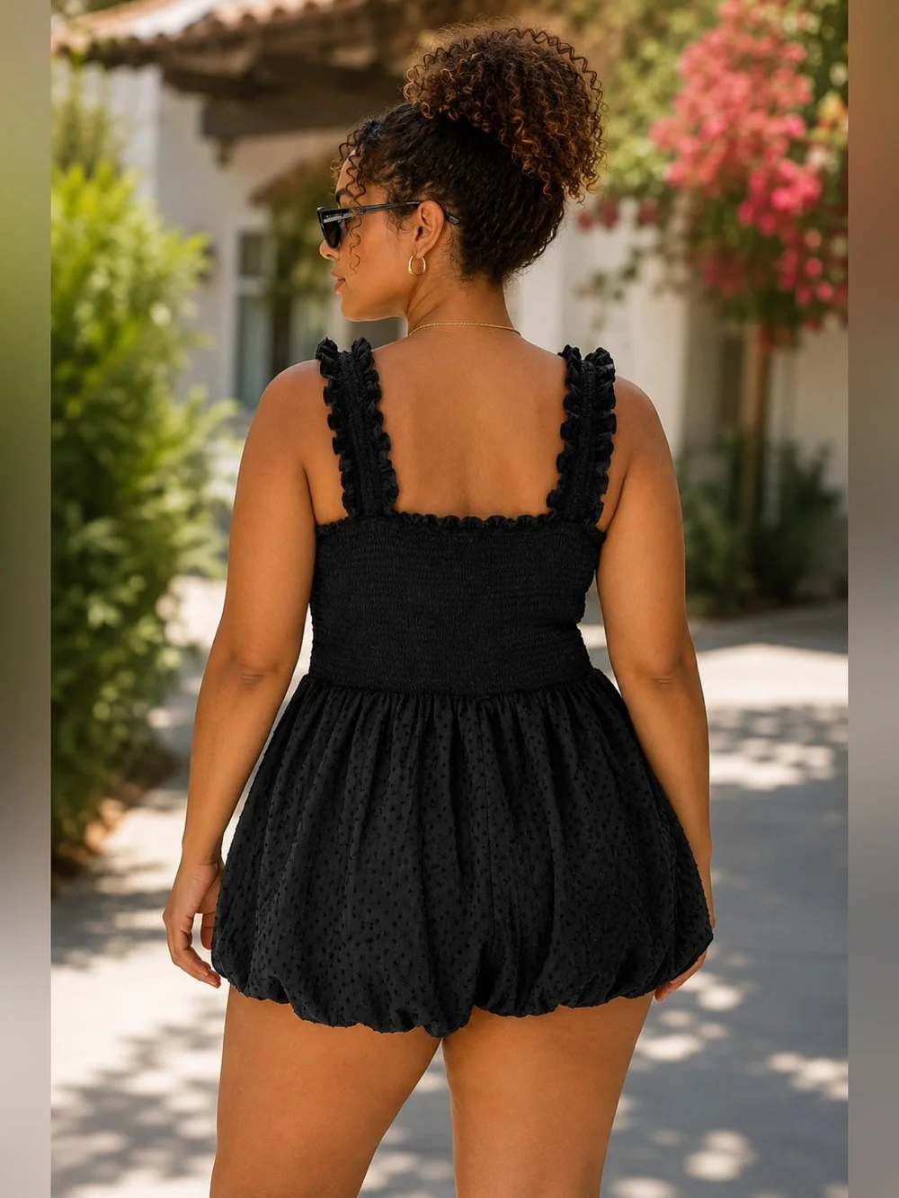 Black Smocked Romper Ruffle Strap Swiss Dot Shorts | Size L - Picture 2 of 11